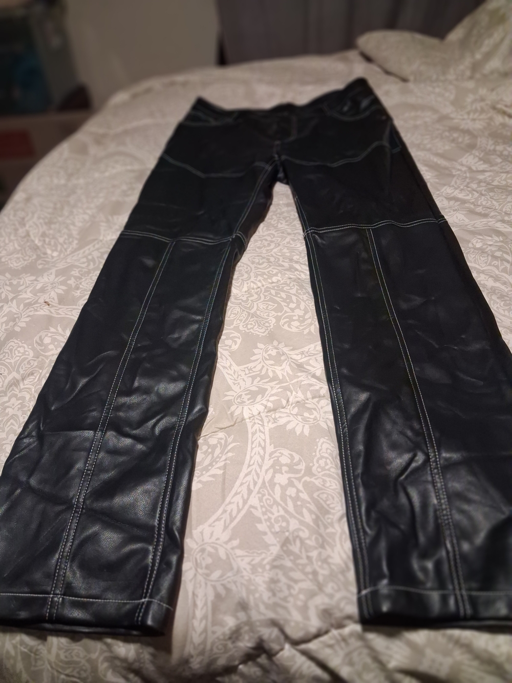 Black Faux Leather Women’s Pants Stylish Paneled Size XL